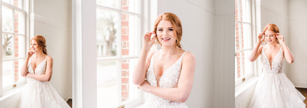 pretty in pink styled shoot bride at window