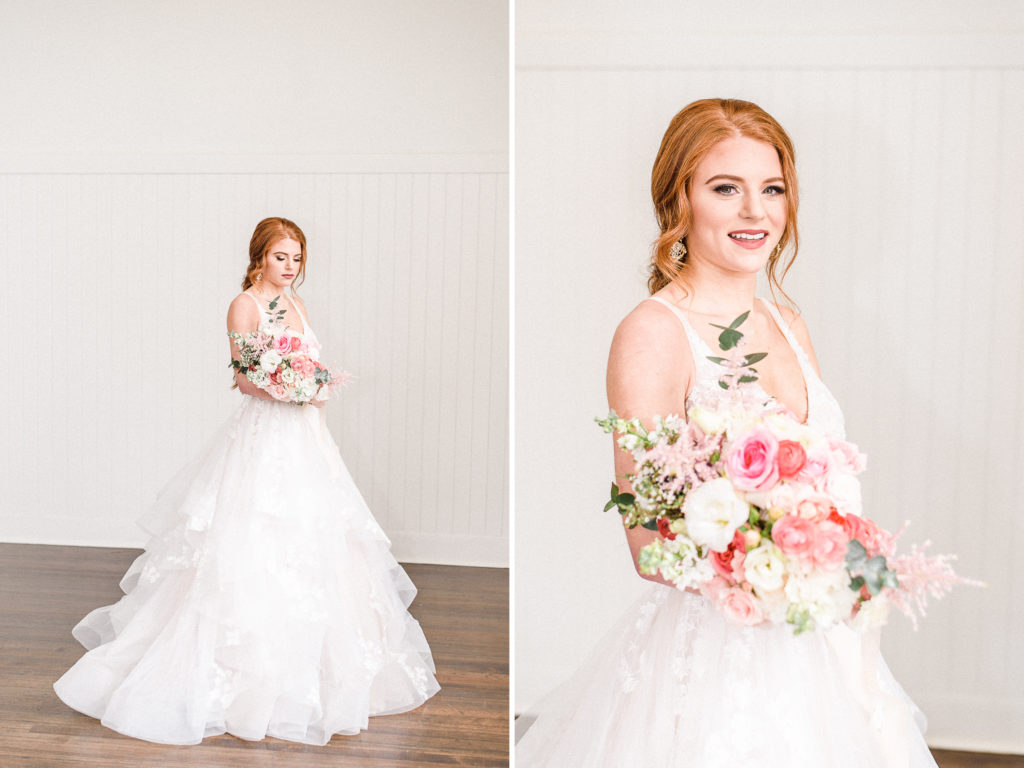 pretty in pink styled shoot bride holding bouquet