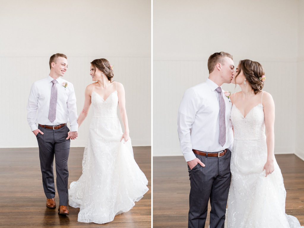 pretty in pink styled shoot bride and groom kissing