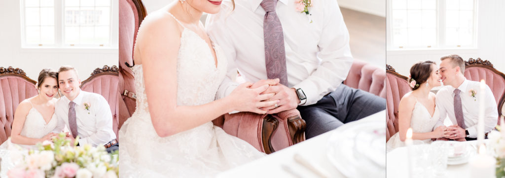 pretty in pink styled shoot bride and groom at sweetheart table
