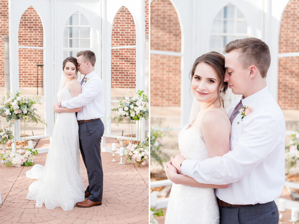pretty in pink styled shoot bride and groom outside