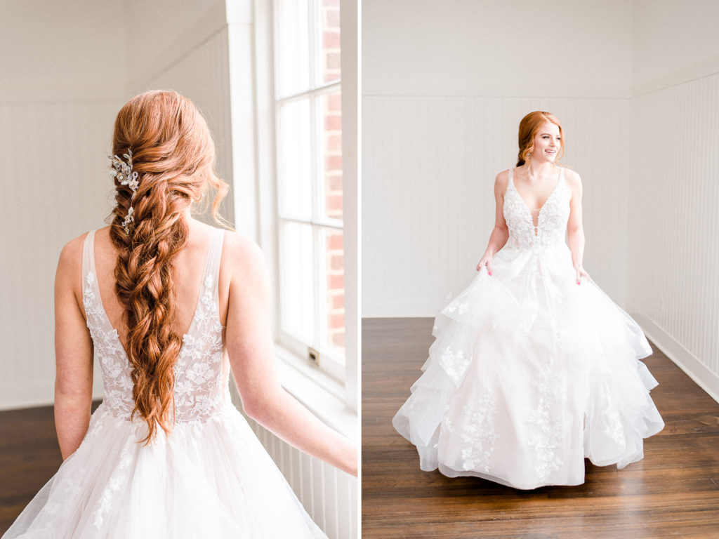 pretty in pink styled shoot bride in wedding gown