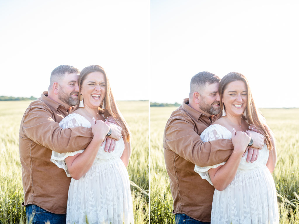 couple laughing in wheat field