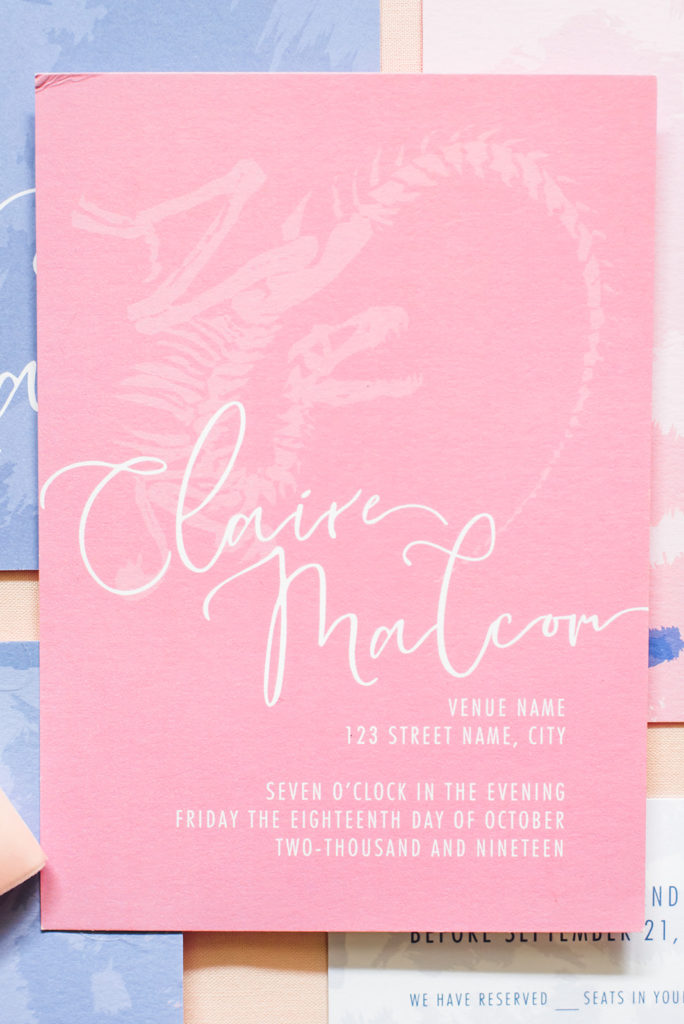 pink and blue wedding invitation