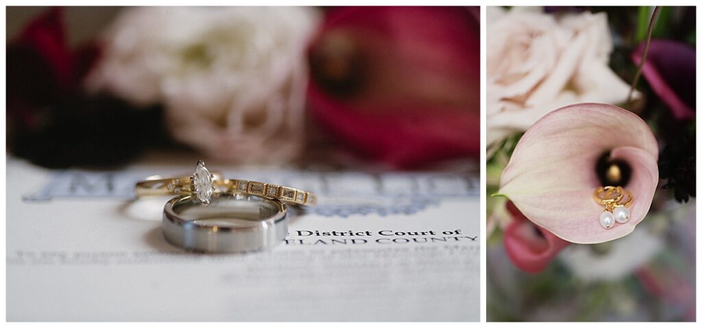 wedding ring and earrings in flower