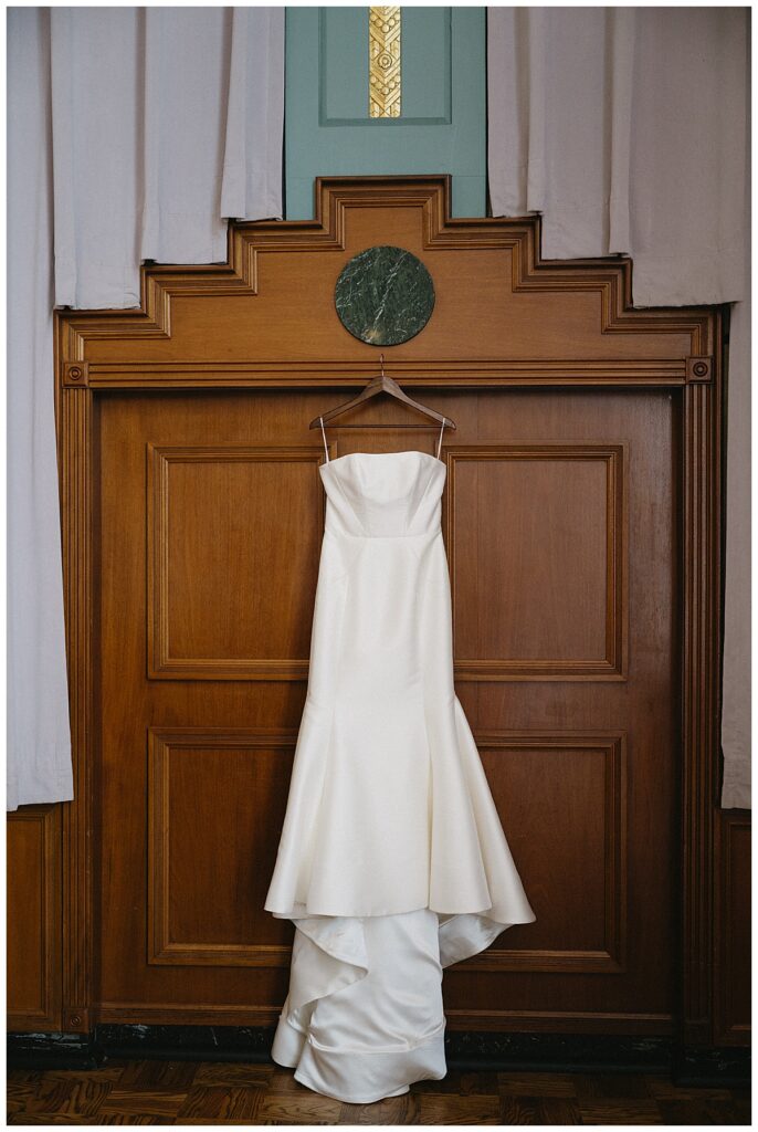 bride's dress hanging at civic center music hall