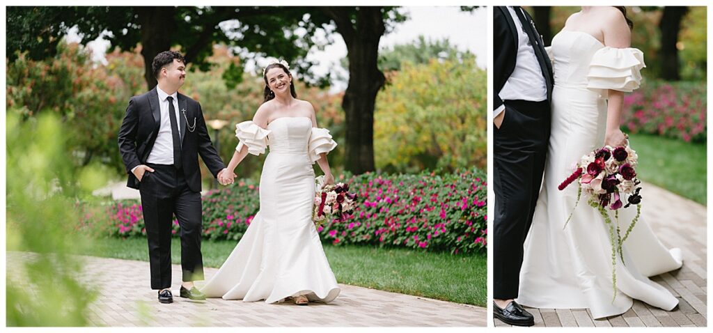 bride and groom walking at myriad gardens