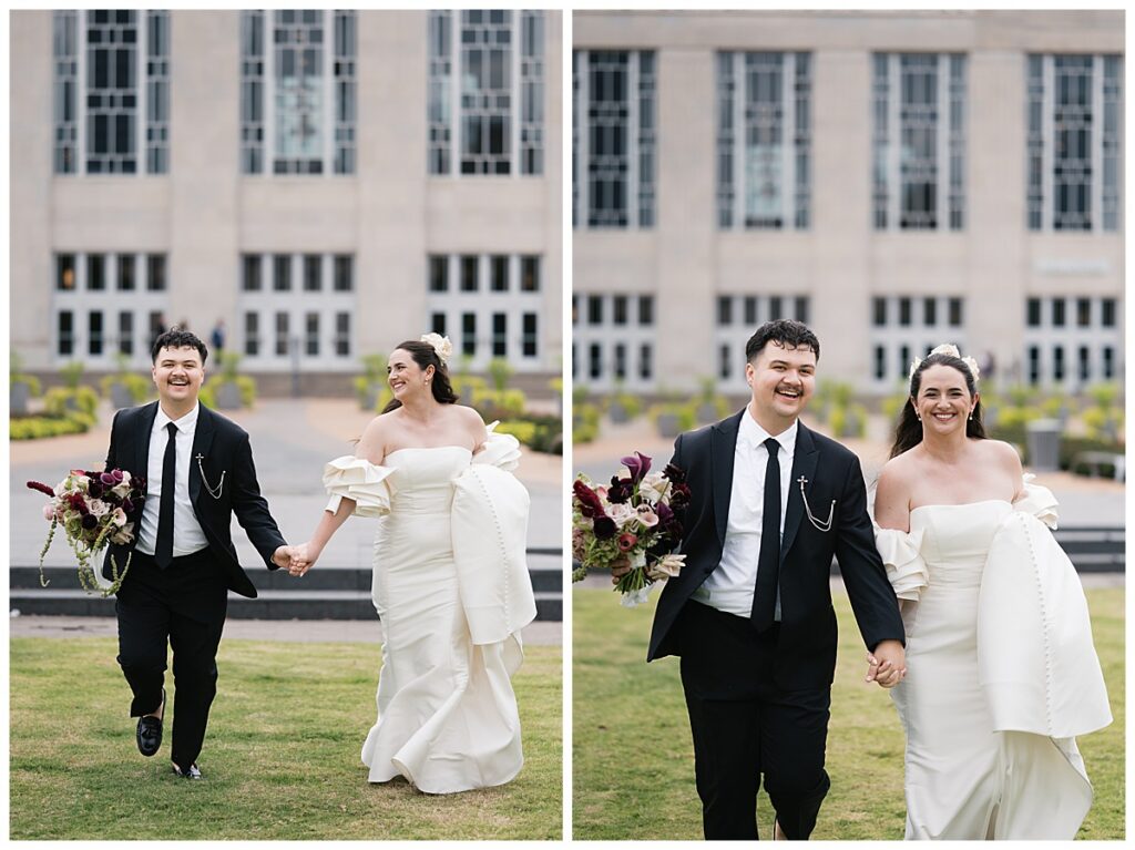 bride and groom in front of civic center music hall