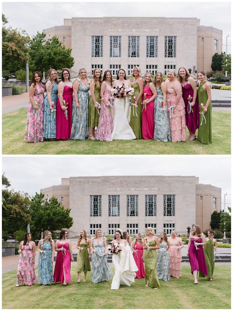 bridal party in colorful dresses