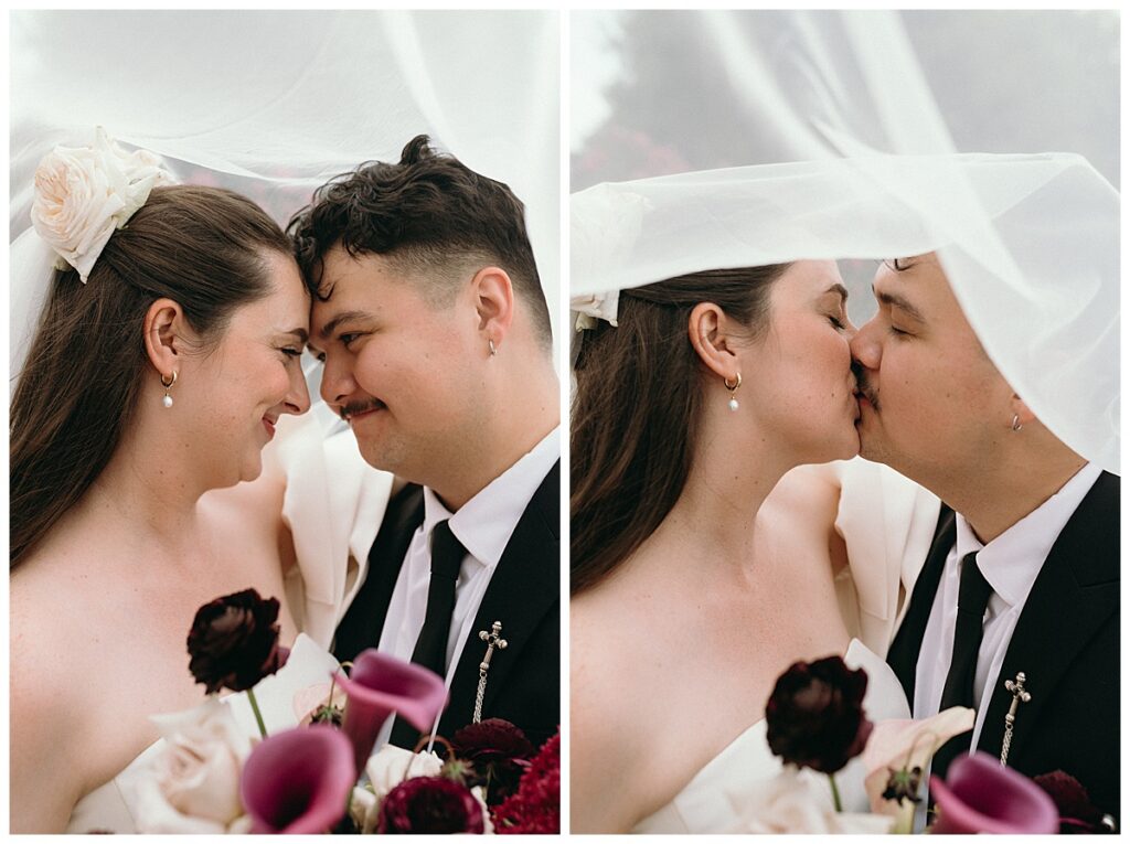 bride and groom under veil