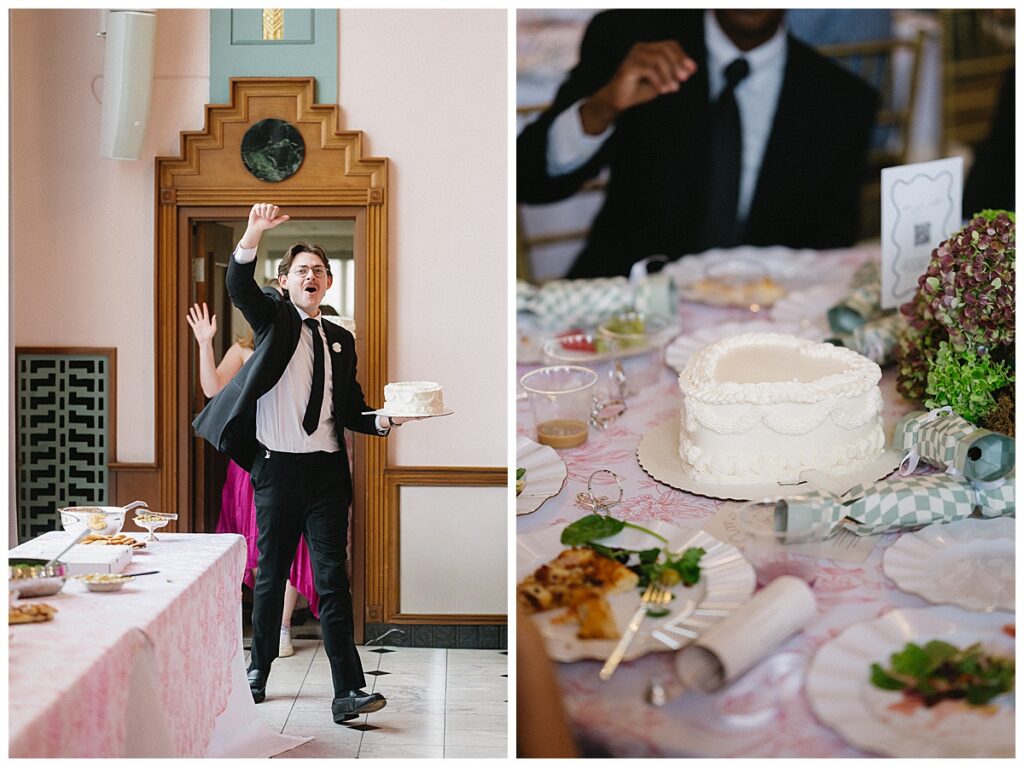 Wedding party serving individual cakes to reception tables