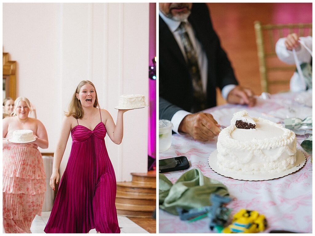 Wedding party serving individual cakes to reception tables