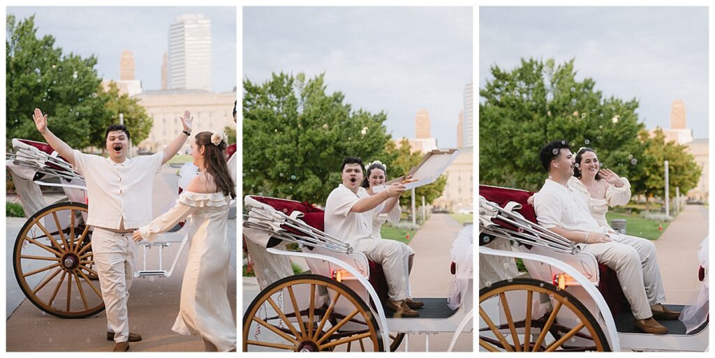 grand exit with pizza and a carriage